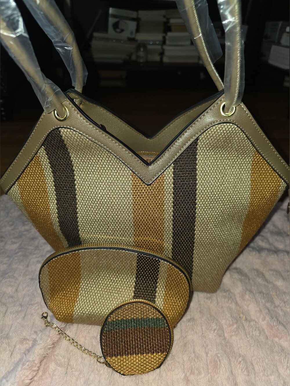 Striped Brown & Tan Woven Tote with Matching Pouches